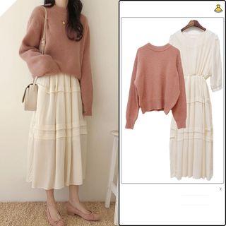 Plain Sweater / 3/4-sleeve A-line Midi Dress