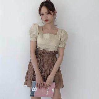 Tie-back Square-neck Short-sleeve Blouse Almond - One Size