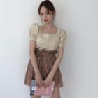 Tie-back Square-neck Short-sleeve Blouse Almond - One Size