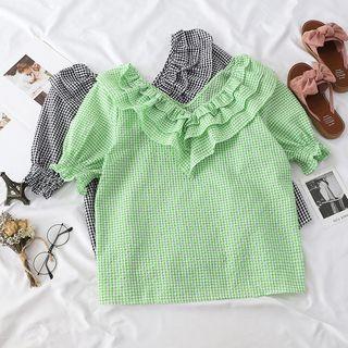 Short-sleeve Gingham Ruffled Top