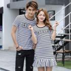 Couple Matching Striped Short-sleeve T-shirt / Cold Shoulder Short-sleeve T-shirt Dress