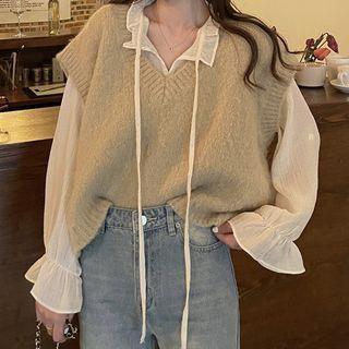 Ruffled Chiffon Blouse / Sweater Vest
