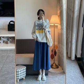 Cartoon Print Sweatshirt / Midi A-line Skirt / Set