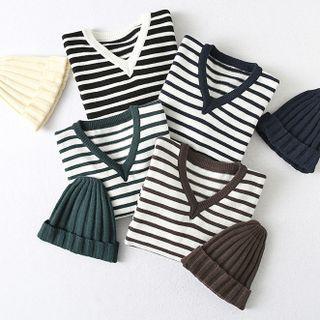 Set: Knit Beanie + V-neck Striped Sweater