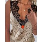 Lace Trim Crochet Knit Tank Top Black & Khaki - One Size