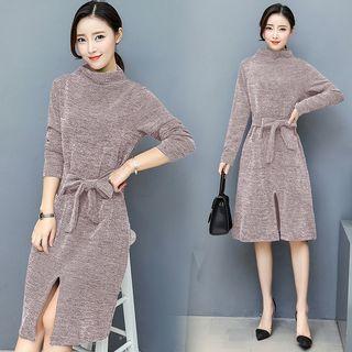 Mock-neck Tie-waist Long-sleeve Dress