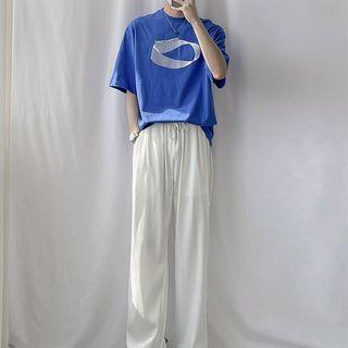 Short-sleeve Print T-shirt / High-waist Plain Wide-leg Pants / Plain Loose-fit Jogger Pants