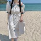 Short-sleeve Contrast Trim Drawstring Midi Shirt Dress