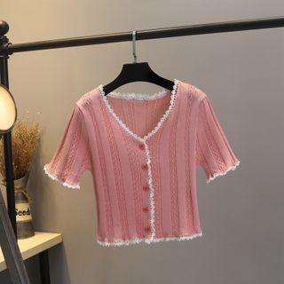Short-sleeve Lace-trim Buttoned Knit Top