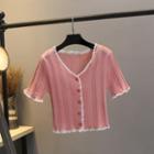 Short-sleeve Lace-trim Buttoned Knit Top