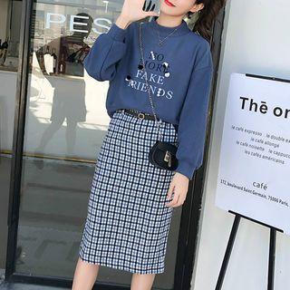 Set: Mock Neck Lettering Sweatshirt + Plaid Midi Skirt