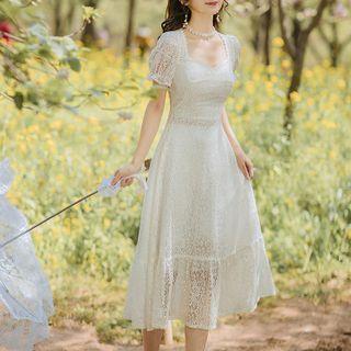 Short-sleeve Cutout Lace Midi A-line Dress