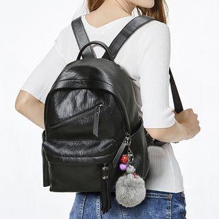 Genuine Leather Backpack With Pom Pom