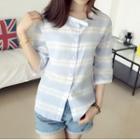 Striped Collarless 3/4 Sleeve Shirt