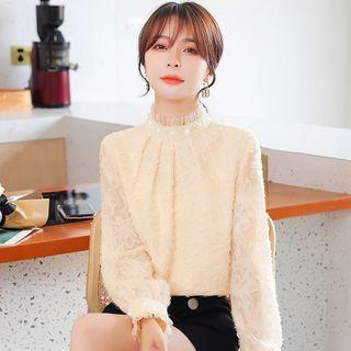 Mock-neck Plain Faux Pearl Panel Lace Blouse