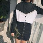 Stand Collar Color Panel Lace Trim Shirt