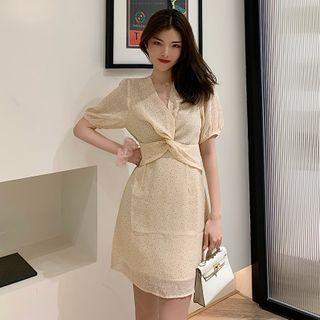 Short-sleeve Dotted Knot Front A-line Mini Dress