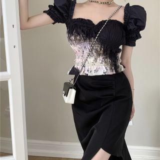 Puff-sleeve Print Cropped Blouse / Slit Midi Pencil Skirt