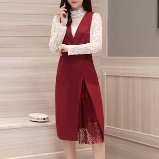 Set: Lace Long-sleeve Top + Pinafore Dress