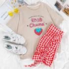 Short-sleeve Printed T-shirt / Drawstring Plaid Mini Skirt