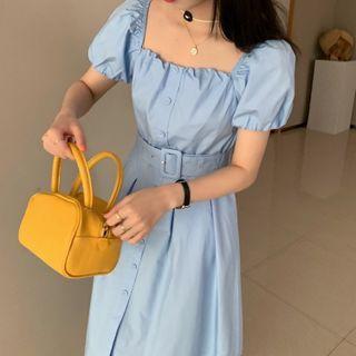 Set: Short-sleeve Square-neck Midi A-line Dress + Belt