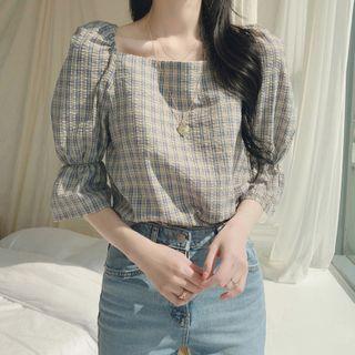 Bell-sleeve Tie-back Plaid Blouse