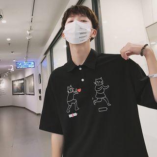 Elbow-sleeve Cat Print Polo Shirt