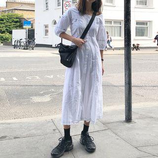 Lantern-sleeve Single Breast Plain Dress White - One Size