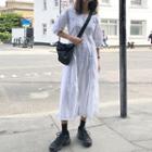 Lantern-sleeve Single Breast Plain Dress White - One Size