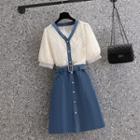 Lace Panel Denim Midi A-line Dress