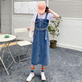 Belted Midi Denim Overall Dress