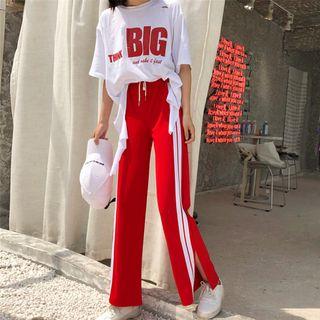 Elbow-sleeve Lettering T-shirt / Contrast Trim Wide-leg Pants