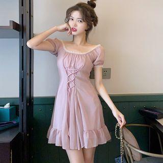 Short-sleeve Lace-up A-line Mini Dress Mauve Pink - One Size