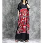 Short-sleeve Print Maxi Dress Black & Red - One Size