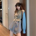 Mock Two Piece Striped Long-sleeve Shirt With Plain Sweater As Shown In Figure - One Size