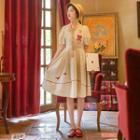 Balloon-sleeve Cartoon Embroidered Midi A-line Dress