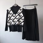 Mock-neck Long-sleeve Knit Top / Patterned Knit Vest / Midi Accordion Pleat Skirt