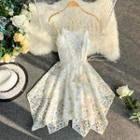 Spaghetti Strap Open-back Mini A-line Lace Dress