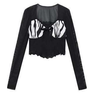 Long-sleeve Zebra Print Panel Mesh Crop Top