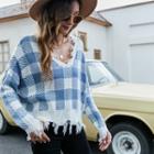 Long Sleeve V Neck Plaid Distressed Knit Top