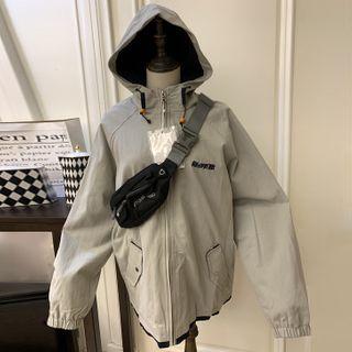 Letter Embroidered Zip-up Hooded Jacket
