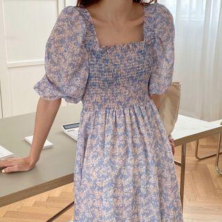 Elbow-sleeve Floral Print Midi A-line Dress Light Purple - One Size