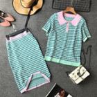 Set: Short-sleeve Knit Polo Shirt + Midi Skirt