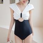 Cap-sleeve Two-tone Cutout Swimsuit