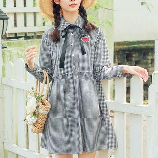 Applique Plaid Long-sleeve Dress