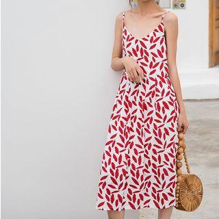 Spaghetti Strap Leaf Pattern Midi Dress