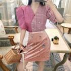 Color Block Double-breasted Short-sleeve Blouse / Velvet A-line Skirt