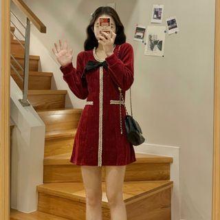 Round-neck Color Block Bow Long-sleeve A-line Dress