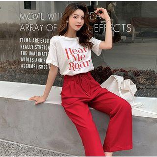 Set: Short-sleeve Lettering T-shirt + Wide Leg Pants As Shown In Figure - One Size