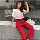 Set: Short-sleeve Lettering T-shirt + Wide Leg Pants As Shown In Figure - One Size